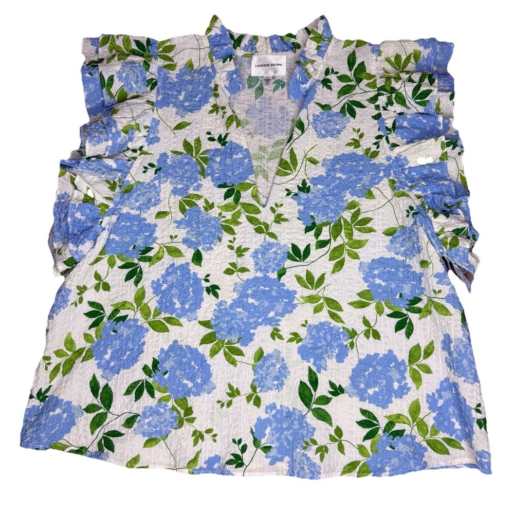 Lavender Brown Top Women's S Floral Garden Blue Ruffle Feminine Romantic Blouse